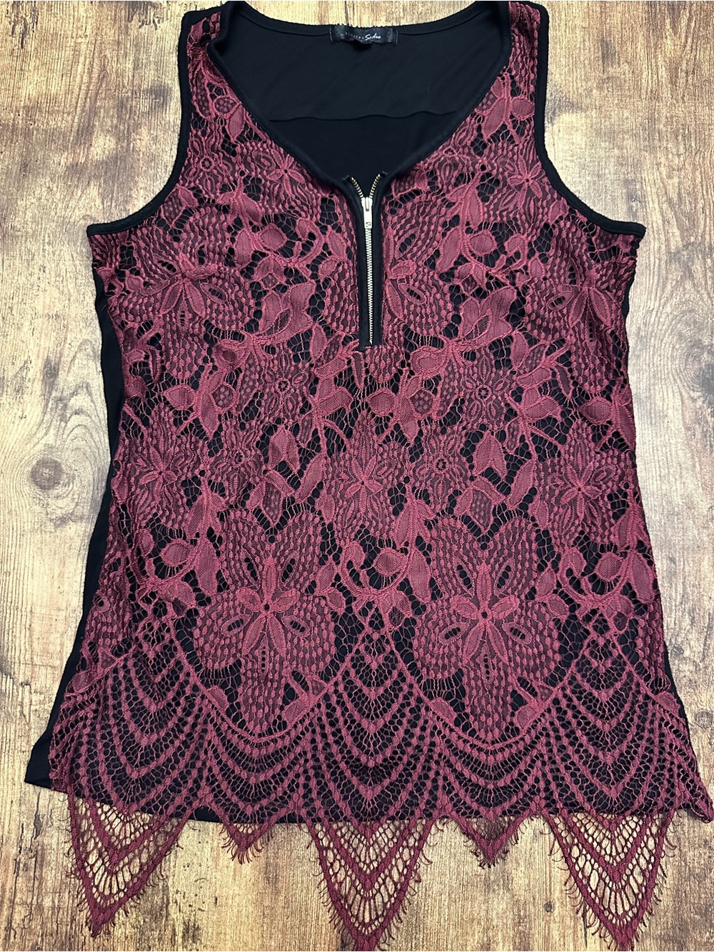 Sloane & Sadie Burgundy Lace Zip-Front Sleeveless Top #147